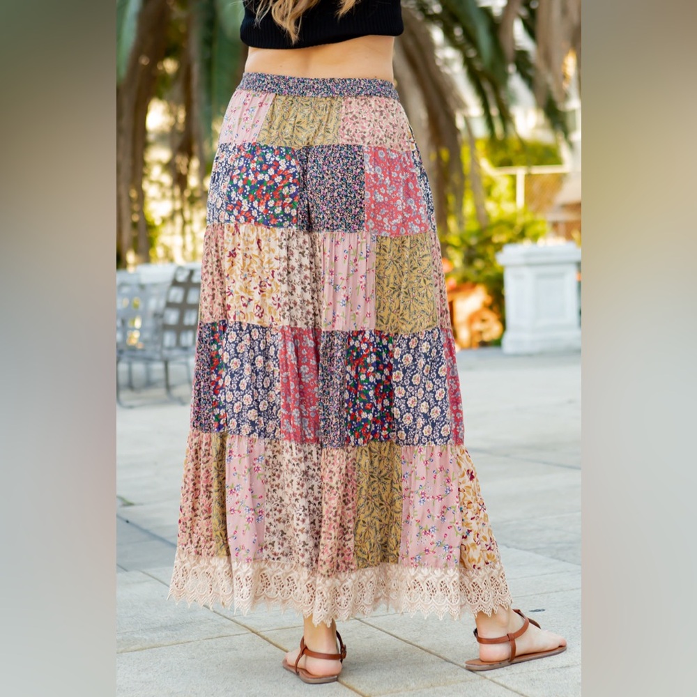 Young threads NWOT! Gorgeous Patchwork Maxi Skirt with Lacework on the bottom